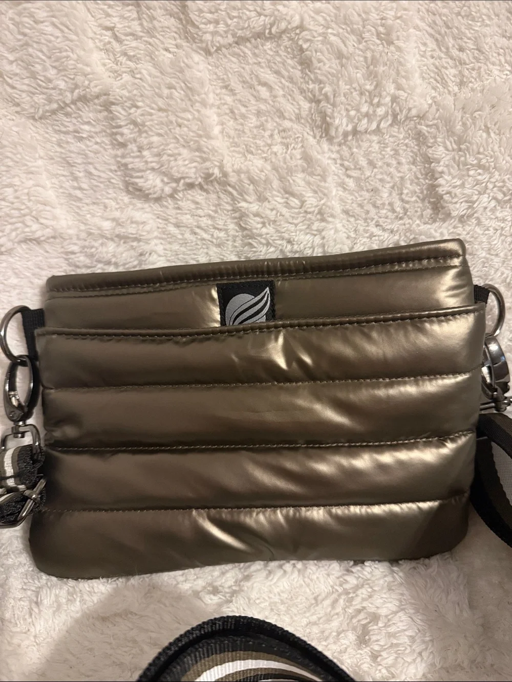 THINK ROYLN Olive Green Quilted Crossbody with Striped Removable Strap